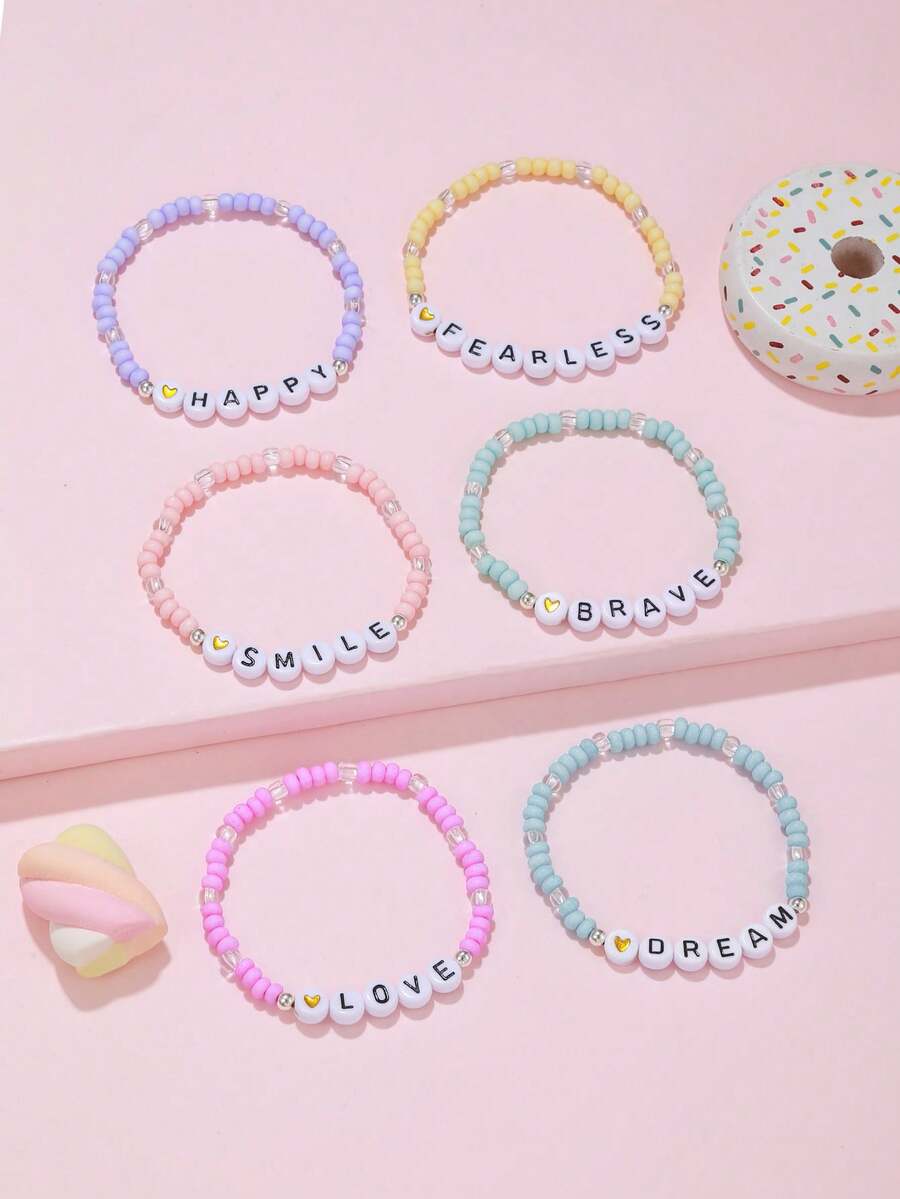6pcs Kids Inspirational Letter Bracelets Set | Macaron Color Beaded Bracelets For Girls Friendship Jewelry - Multicolor - View 1