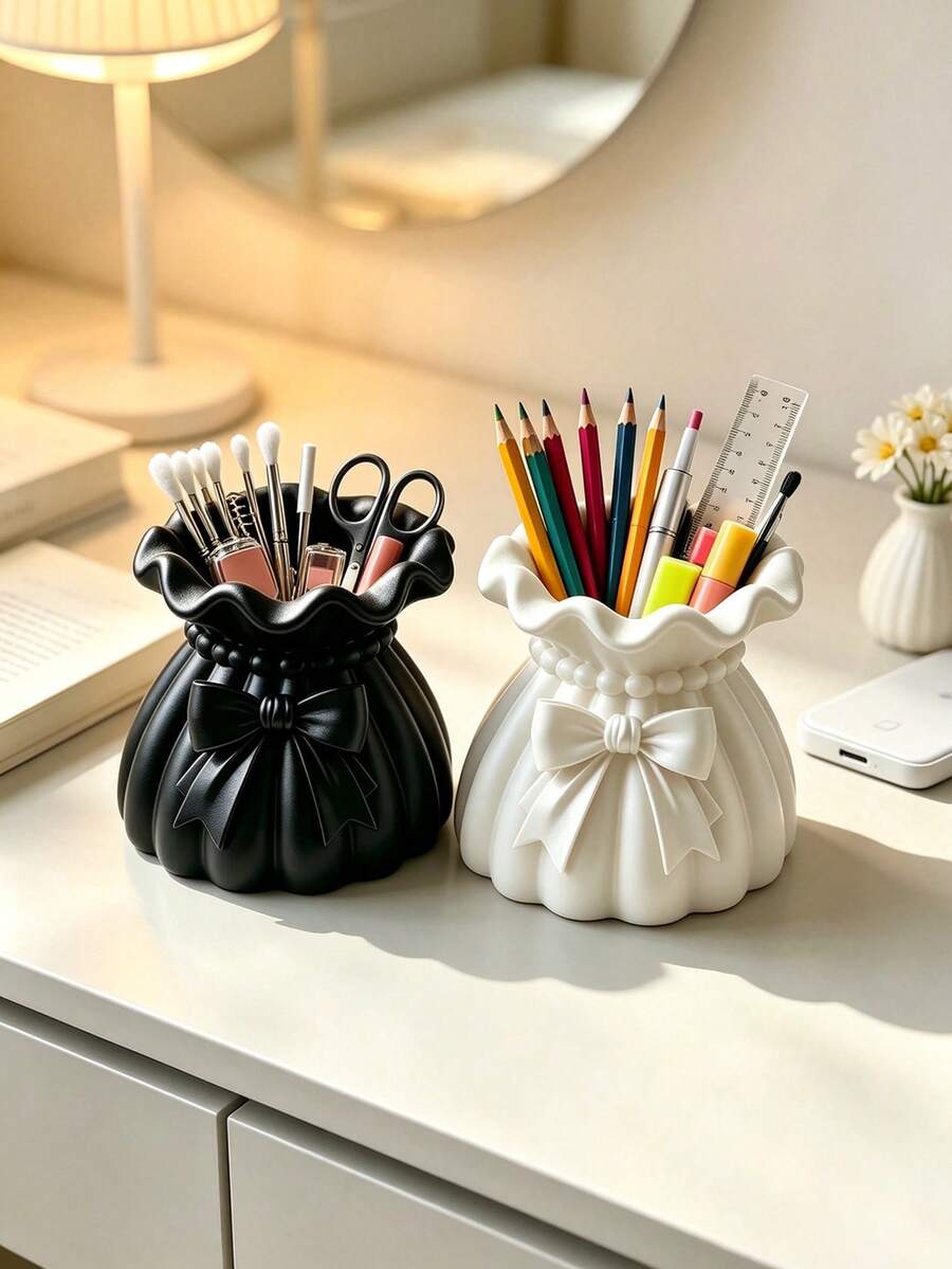 Pot Tanaman Sukulen Berbentuk Dompet dengan Pita Cetak 3D, Warna Hitam, Pot Bunga Saku dengan Tepi Bergelombang Kreatif, Vas Dekorasi Tanaman Hijau untuk Meja, Penyimpanan Meja - A - View 1