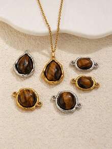 1/3Pcs 304 Stainless Steel Tiger Eye Connector Charms, Charms For Jewelry Making, Mehndi Style Stone Links, Waterproof Non‑Tarnish Necklace Bracelet - Tiger's Eye Connection - View 3