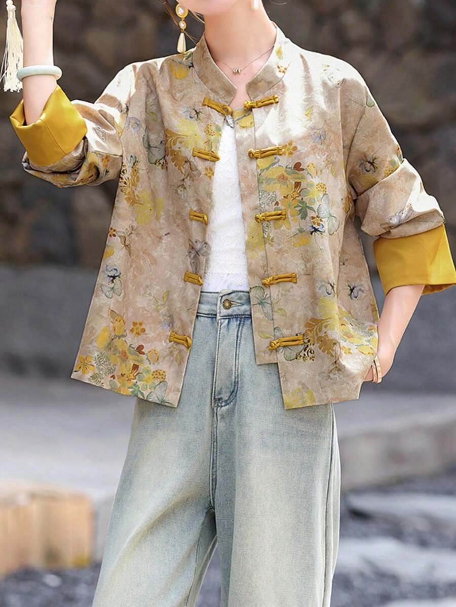 女士新款中国风花蝴蝶印花外套,立领撞色袖口,休闲外套 - 彩色 - 查看 1