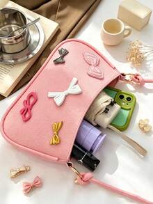 Tas bahu dan tas jinjing kulit imitasi timbul dengan desain pita retro, dilengkapi pegangan atas; cocok untuk penggunaan sehari-hari. - MultiWarna - View 7