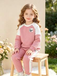 Girls Cute Long Sleeve Sweatshirt And Sweatpants 2 Pieces Set - Perfect For Spring And Autumn - Pink - View 3