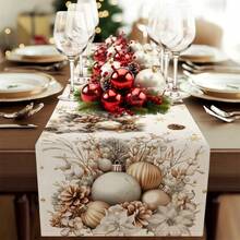 1-Piece Linen Table Runner, Featuring Christmas Balls, Pine Cones, And Floral Designs, Durable Indoor And Outdoor Holiday Table Flags Suitable For Kitchen, Dining, And Christmas Party Decorations, Holiday Themes, And Home Decor. - Multicolor - View 4
