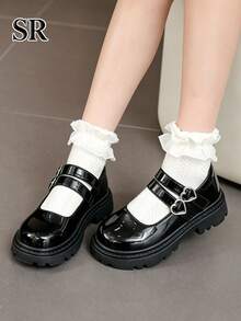 Girls' Shiny Thick Sole Mary Jane Shoes, Heart Buckle Double Strap Fashion Shoes, Suitable For Daily And School Wear, School Essential - Black - View 4