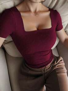Casual Elegant Short Sleeve Square Neck Top, Suitable For Daily Wear, Commuting, Going Out, Spring/Summer - Plum Color - View 2