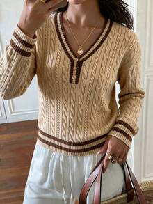 Teen Girls Elegant V-Neck Button Cable Knit Pullover Sweater, Fashion Minimalist Colorblock Casual Versatile Knit Top - Khaki - View 1