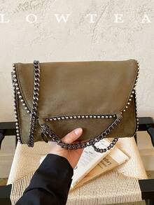 low tea 1pc Fashion Square Flap Suede Crossbody Bag Suitable For Commuting, Shopping And More - Dark Green - View 12
