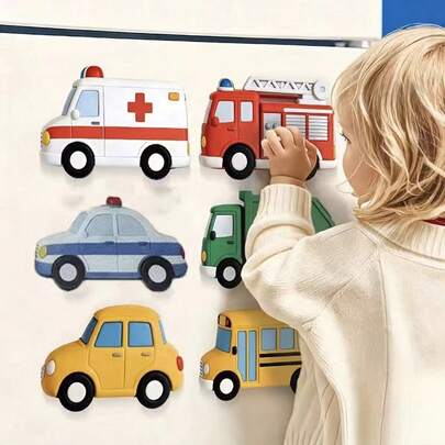 Set de 6 imanes de nevera grandes con tema de transporte de dibujos animados, incluye avión, varios vehículos, coches y camión de bomberos – textura suave, colores vibrantes, fuerte adhesión, adecuado para cocina, oficina, pizarra, refrigerador, gabinete de almacenamiento y lavavajillas – decoración del hogar divertida, gran opción de regalo, no apto para bebés (pegamento transparente incluido)