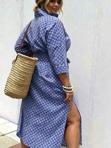 Women's Plus Size Striped Print Short Sleeve Split Hem Shirt Dress, Polyester Non-Stretch Fabric With Slightly Stiff Texture, Loose Fit, Casual Elegant Style Suitable For Spring/Summer Daily Commute, Office And Vacation Wear - Blue - View 9