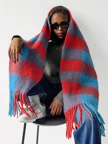 1PcWomen Fuzzy Mohair Texture Plaid Fringe Scarf, Oversized Color Block Check Winter Warm Neck Wrap Shawl - Red and Blue - View 3