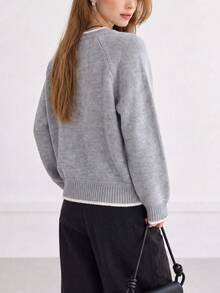 Women's New Winter Casual Minimalist Contrast Trim Crew Neck Pullover Sweater - Grey - View 2