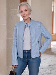 Women's Spring And Autumn Fitted Biker Jacket Four Seasons Autumn And Winter Simple Casual Jacket With Pockets Zip - Baby Blue - View 6