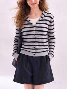 Jaket Kardigan Berkerudung Garis-Garis Klasik Wanita, Musim Gugur/Dingin - Grey - View 4
