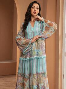 Bohemian Paisley Print Long Sleeve Arabian Dress, V-Neck And Pom Pom Trim Detail - Mint Green - View 9