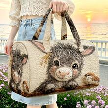 1pc Beige Quilted Cylindrical Handbag With Small Donkey Sparrow Pattern, Rural Farm Gift, Thanksgiving Rural Farm Decoration Series, Thanksgiving Gift - Multicolor - View 11