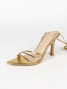 Sandalias de tacón alto para mujer, punta dorada, punta abierta, tacón de aguja, para fiesta de noche, casual, moda, elegante, personalidad, sofisticada, versátil - Dorado - Ver 2