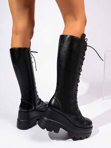 Women's Black Punk Rock Style High-Top Boots, Thick Platform Sole, Wear-Resistant Bottom, Metal Chain Lace-Up With Side Zipper, Autumn/Winter - Black - View 7