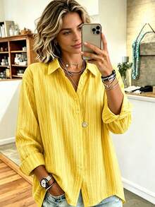 Plus Size Women Casual Striped Button-Up Lightweight Breathable Long Sleeve Shirt Yellow - Yellow - View 1