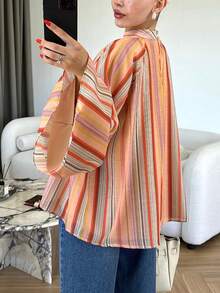 New (No Belt) Women's Striped Colorblock Raglan Top For Beach, Vacation, Daily Wear, All Seasons - Orange - View 2