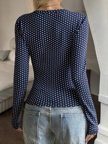 SCARLUX Autumn Y2K Deep Blue Polka Dot Crew Neck Short Long Sleeve T-Shirt, Slim Fit Casual Top, Suitable For Back To School Season - Navy Blue - View 10