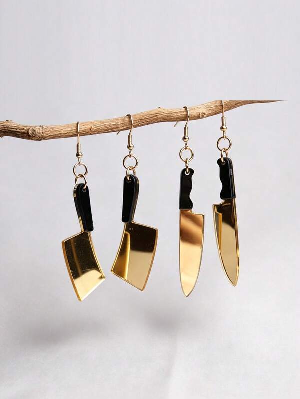 Dark Personalized Black Gold Mirror Acrylic Kitchen Knife Pendant Earrings, Suitable For Girls, Halloween Party Niche Accessory