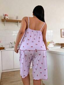 Plus Size Cherry Print Milk Silk Camisole & Long Pants Pajama Set For Women - Lilac Purple - View 2