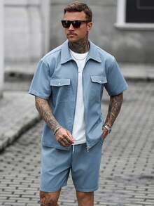 Men's Casual Solid Color Zipper Placket Pocket Shirt And Shorts Set - Dusty Blue - View 1