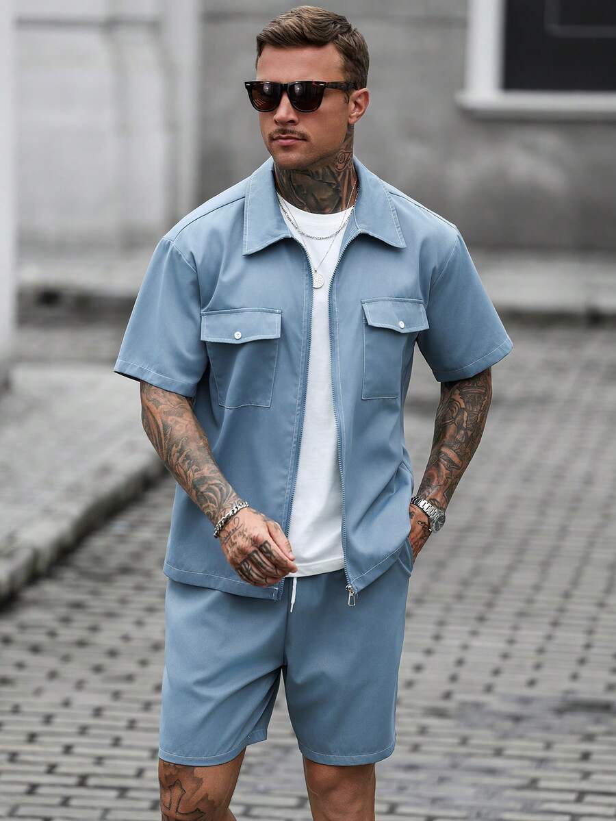 Men's Casual Solid Color Zipper Placket Pocket Shirt And Shorts Set - Dusty Blue - View 1