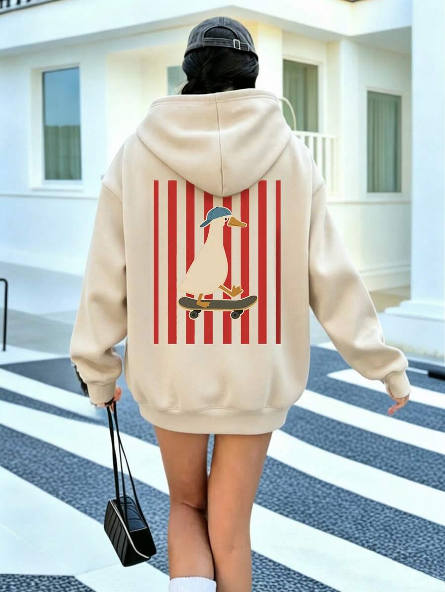 Women's Drawstring Sweatshirt, Cute Orange Juice Bottle Japanese Text Graphic Back Print, Soft Loose Casual Silhouette Sweatshirt For Autumn/Winter - Apricot - View 1