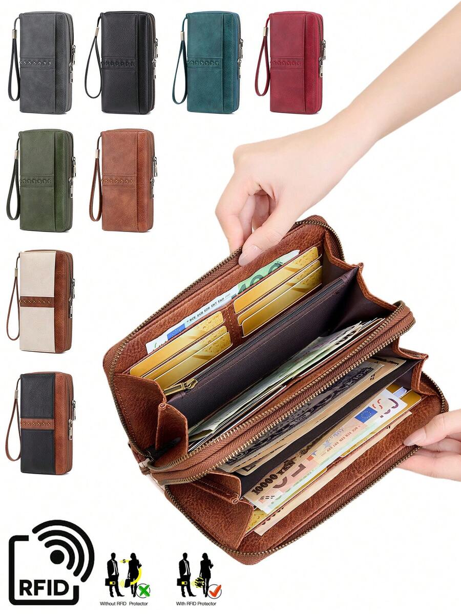 FOREVER MIYIN RFID Blocking Women Long Zip Around Wallet, Double Zipper Wristlet Purse, Large Capacity Multi Card Slots Cash Organizer Phone Holder For Daily Travel