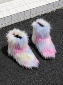 1 Pair Kids Gradient Striped Long Fur Plush Ankle Boots, Loose Cuff Style, Playful Outfit, Suitable For Holiday Atmosphere, Perfect For Winter Outings - Pink - View 8