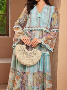 Bohemian Paisley Print Long Sleeve Arabian Dress, V-Neck And Pom Pom Trim Detail - Mint Green - View 8