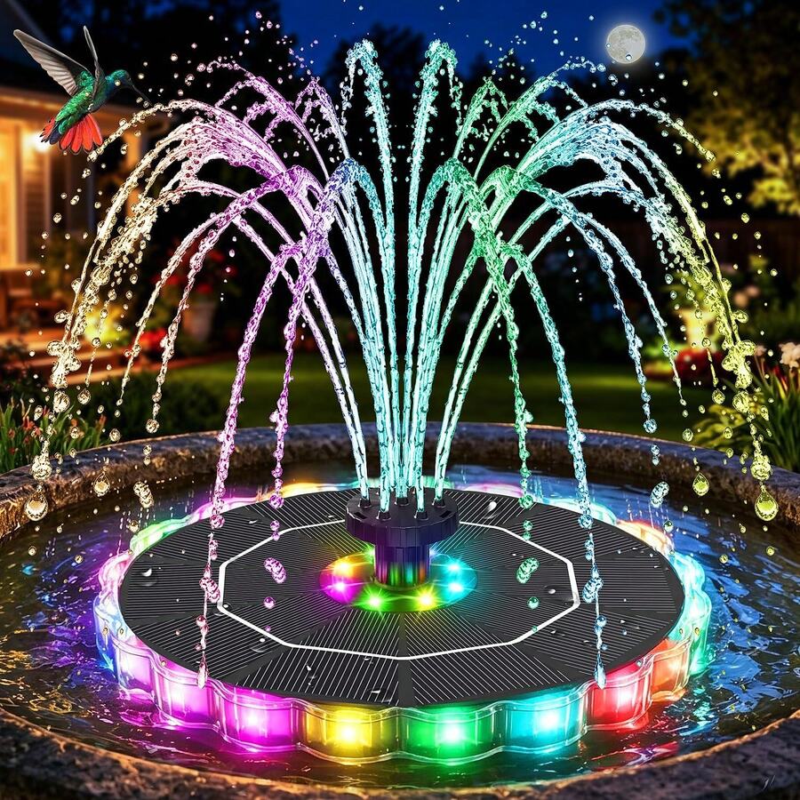Upgraded 3.5W Solar Fountain With Colorful LED Ring Light And 2000mAh Build-In Battery, Floating Solar Powered Bird Bath Fountains Water Feature Pumps, 7 Nozzle And 4 Fixers For Garden Pond Pool, Patio - Black - View 1