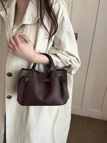 Solid Color Minimalist Lychee Textured Handbag, Crossbody Bag With Strap, Buckle Bucket Bag - Coffee - View 5