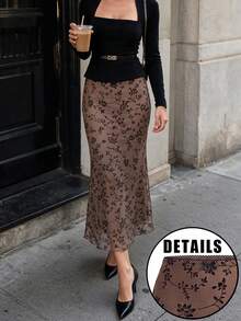 Women's Elegant Slim Fit Floral Print Vacation Maxi Skirt - Brown - View 1