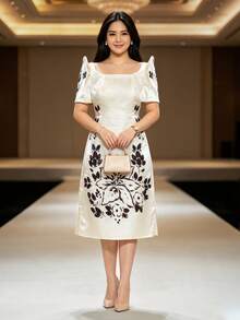 Modern Attire Dress Elegant Butterfly Sleeves Printed Women's Short Sleeve Dress - Champagne - View 1