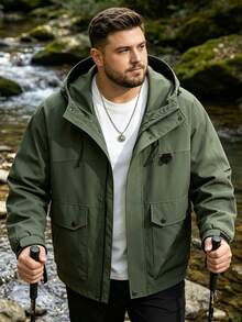 Plus Size Men's Outdoor Hooded Jacket, European And American Style, Suitable For Hiking, Trekking, Camping, Cycling, All Seasons, Autumn/Winter - Army Green - View 4