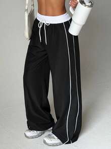 Women Contrast Waist Drawstring Wide Leg Woven Pants,Side Striped Piping Design,Athleisure Gym Outdoor Daily Trousers - Black - View 1
