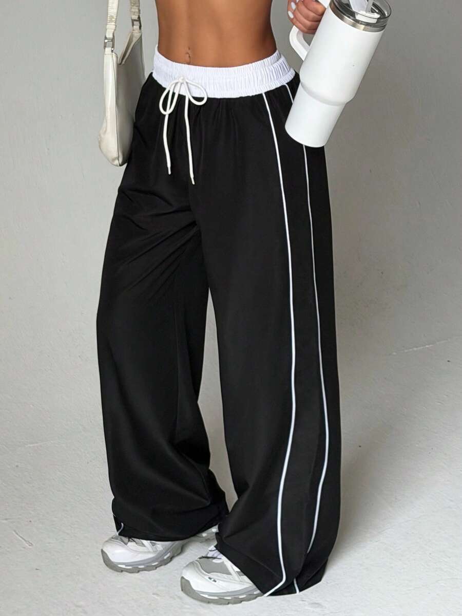 Women Contrast Waist Drawstring Wide Leg Woven Pants,Side Striped Piping Design,Athleisure Gym Outdoor Daily Trousers - Black - View 1