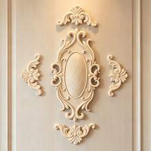 5pcs Solid Wood Carved Diamond Applique Home Decor, Unpainted Wood Carving Combination Applique, Scroll Carving, Suitable For Cabinets, Doors, Windows, Furniture, Background Walls, Entryways And Other Decorations, Holiday Decor, DIY Decor. - Multicolor - View 5