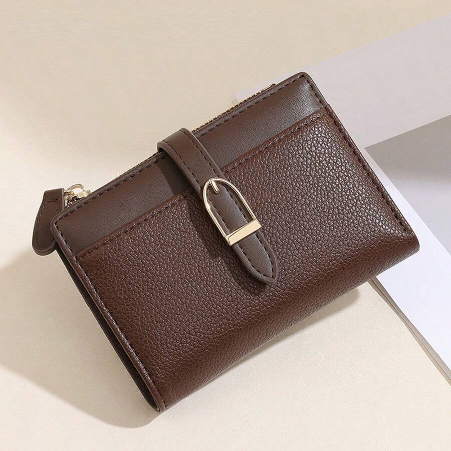 New Patchwork PU Leather Short Women's Wallet, Premium Bifold Card Holder, Minimalist Coin Purse With Ribbon Strap