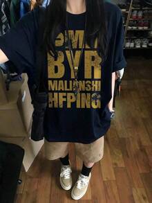 Kaos Wanita Gaya Jepang Model Longgar Kasual Leher Bulat Lengan Pendek dengan Motif Huruf Kartun, Serbaguna untuk Musim Semi dan Musim Panas - Navy Blue - View 1