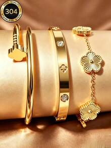 Bộ vòng tay thép không gỉ phong cách Âu Mỹ sang trọng và vòng tay cỏ bốn lá, vòng tay dạng bangle thiết kế ốc vít đính đá rhinestone mạ vàng 18K, phụ kiện cao cấp cho nữ, quà tặng tiệc - Vàng - Xem 2