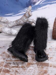 1 Pair New Autumn/Winter Fluffy Long Fur Decor Warm Comfortable Round Toe Mid-Calf Back Zipper Design Classic Children's Boots - Black - View 7