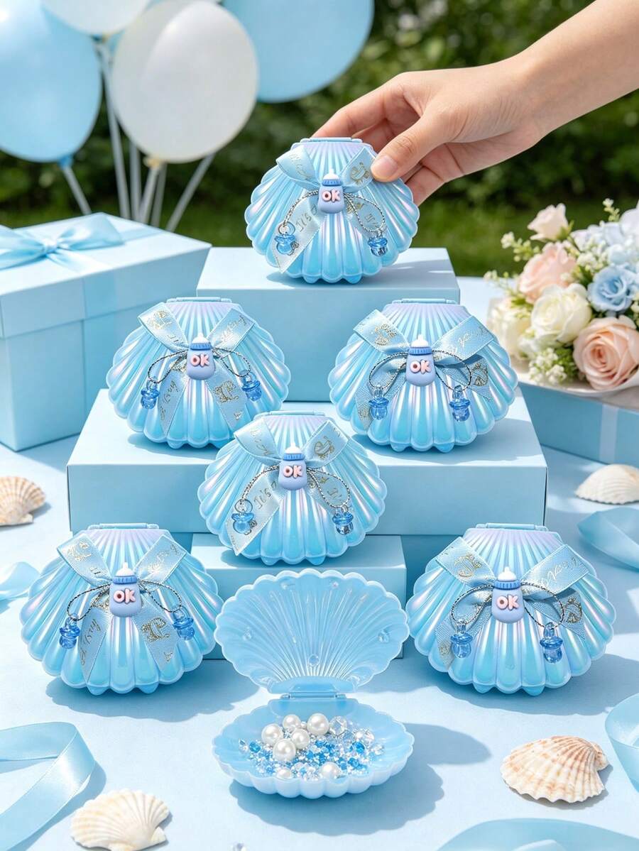 6/1pc Blue & Pink Pearlescent Shell Storage Box With Baby Bottle Accessory, Pacifier Pendant And Gold Printed Ribbon Bow, Shell Plastic Box, DIY Fillable Gift Box, Gender Reveal Party Gift, Baby Shower Party Gift, Baby Party Theme, Birthday Gift, Guest Favor - Multicolor - View 1