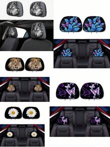 2pcs Universal Car Headrest Covers Halloween Special Car Headrest Covers - Fashion Design, No Filling Easy To Clean, Car Interior Decoration Upgrade, Suitable For All Car Models, Suitable For Daily Commute, Long Distance Travel, Halloween And Christmas Decoration Wolf Head, Lion Head, Chrysanthemum, Butterfly And Other Multiple Element Prints - Multicolor - View 1