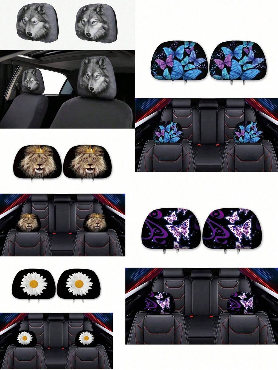 2pcs Universal Car Headrest Covers Halloween Special Car Headrest Covers - Fashion Design, No Filling Easy To Clean, Car Interior Decoration Upgrade, Suitable For All Car Models, Suitable For Daily Commute, Long Distance Travel, Halloween And Christmas Decoration Wolf Head, Lion Head, Chrysanthemum, Butterfly And Other Multiple Element Prints - Multicolor - View 1