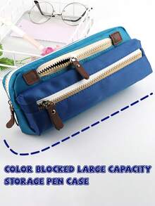 1pc Colorblock Patchwork Double Layer Zipper Pencil Case, Large Capacity Oxford Fabric Waterproof Stain-Resistant Student Stationery Storage Bag, Multiple Colors Available, Simple Durable Pencil Pouch - Multicolor - View 2