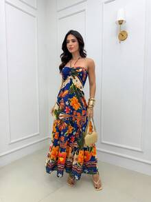 Long Dress With Three-Tier Smocked Bodice, Multi-Way Neck Tie, Front-Only Boho Style, Elegant Ruched Floral Hem With Ruffle, Backless, Wedding 09 - azul marino y naranja - Ver 1