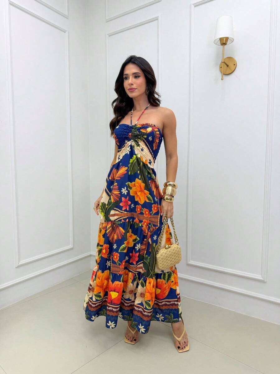 Long Dress With Three-Tier Smocked Bodice, Multi-Way Neck Tie, Front-Only Boho Style, Elegant Ruched Floral Hem With Ruffle, Backless, Wedding 09 - azul marino y naranja - Ver 1
